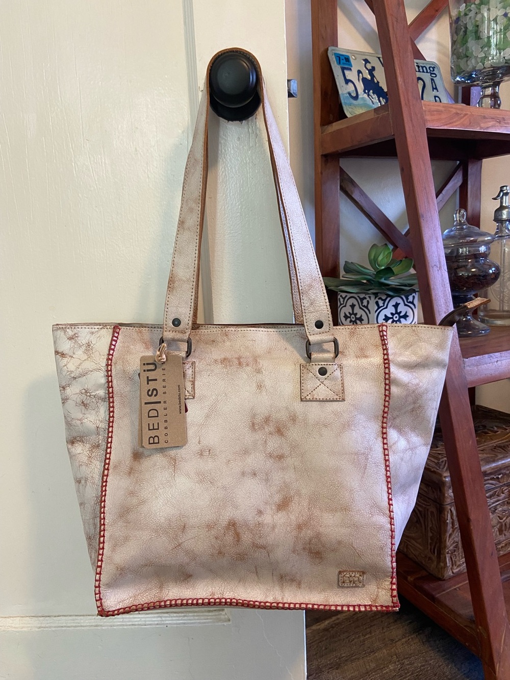 NWT Bed Stu Leather Celindra Shoulder Tote Bag Nectar Lux Red Stitch HTF